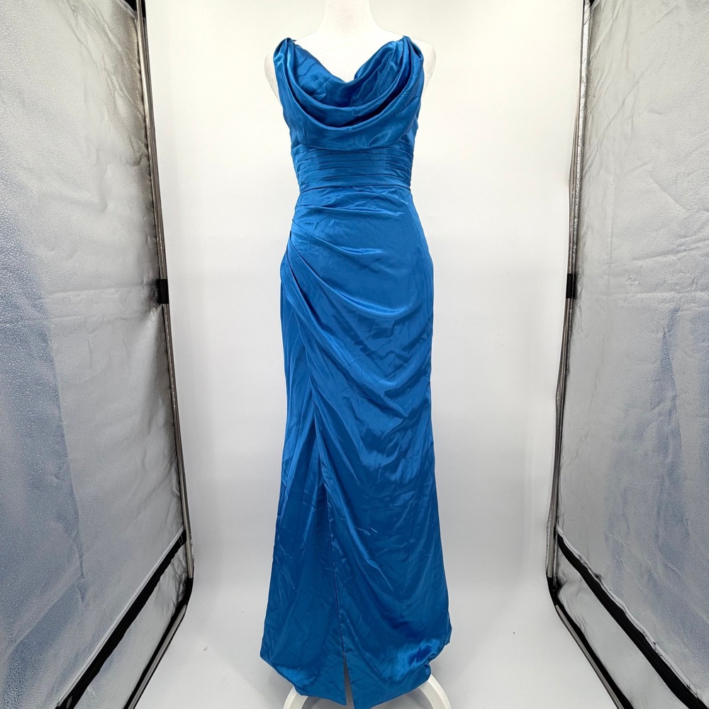 Lavetir Royal Blue Satin Cowl Neck Lace Up Back Slit Formal Gown Dress S